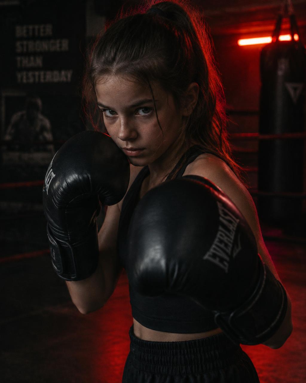 A young boxer holds a guard stance with black gloves in a red-lit gym