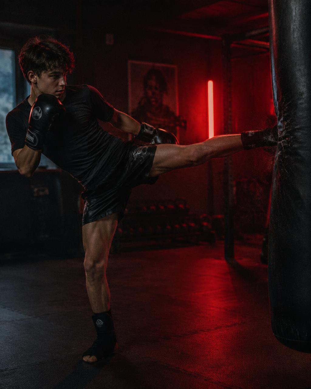 A teenager practises a controlled kick against a heavy bag